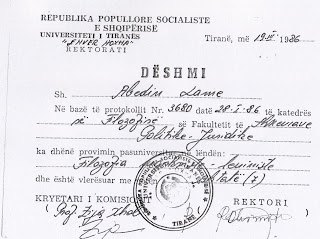 Certificate — University of Tirana, 1986